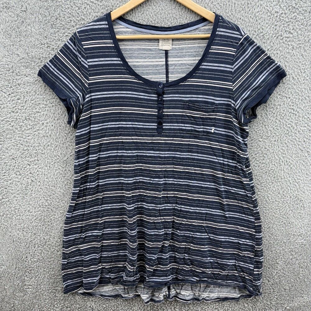 Lucky Brand Shirt‎ Top Womens XL Blue Striped Henley Short Sleeve Button Blouse